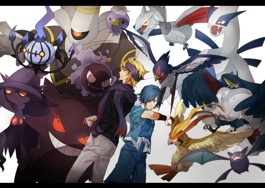 2boys black_sweater blonde_hair blue_hair blue_pants chandelure closed_mouth commentary_request crobat drifloon dusknoir falkner_(pokemon) gastly gen_1_pokemon gen_2_pokemon gen_3_pokemon gen_4_pokemon gen_5_pokemon gengar highres holding holding_poke_ball honchkrow legendary_pokemon lugia matsuhaya_senju mismagius morty_(pokemon) multiple_boys pants pidgeot poke_ball poke_ball_(basic) pokemon pokemon_(creature) pokemon_(game) pokemon_hgss purple_headband purple_scarf scarf short_sleeves skarmory smile sweater swellow wristband