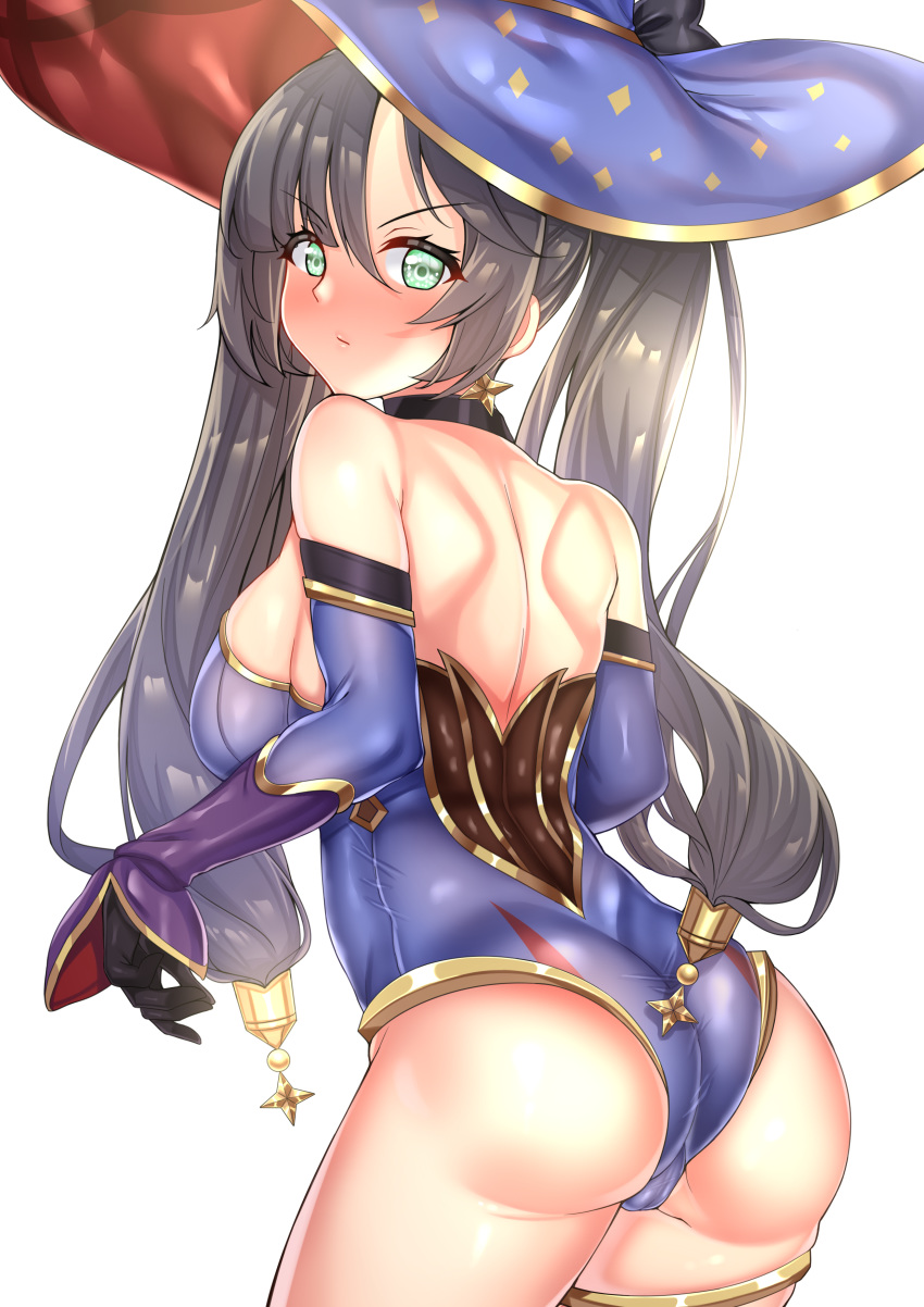 1girl absurdres ass bangs bare_shoulders blush breasts cameltoe closed_mouth earrings eyebrows_visible_through_hair genshin_impact gloves green_eyes hat highres jewelry leotard long_hair looking_at_viewer lumu_yuanxiang medium_breasts mona_(genshin_impact) shiny shiny_clothes shiny_hair shiny_skin simple_background strapless strapless_leotard thigh_strap thighs tied_hair twintails white_background wizard_hat