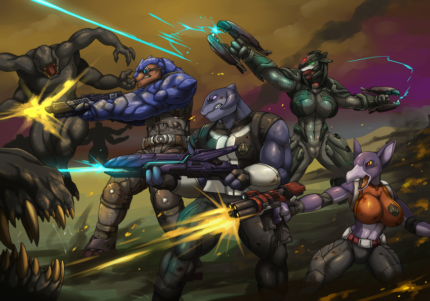 absurd_res alien anthro armor balandu beak black_body breasts brown_body clenched_teeth crossover detailed_background disney don_bluth fangs female gantu genitals green_eyes group gun haer'_reaom_(kiala_tiagra) halo_(series) hi_res holding_object krogan lilo_and_stitch link2004 male marvel mass_effect microsoft muscular muscular_female muscular_male open_mouth outrider purple_body pussy ranged_weapon red_eyes rifle sangheili scar stith teeth titan_a.e. tongue video_games weapon white_body xbox_game_studios