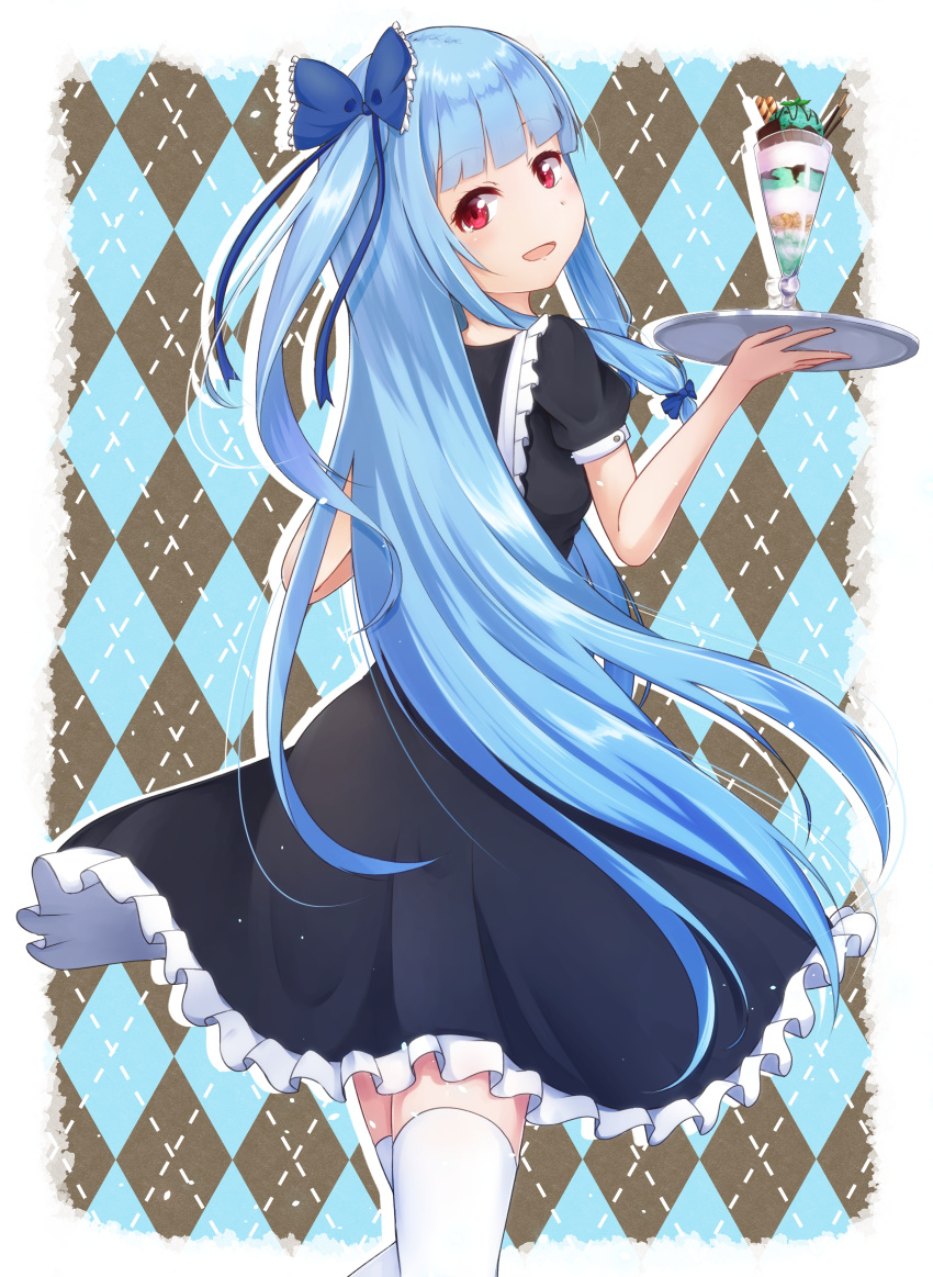 1girl absurdres apron argyle argyle_background black_dress blue_bow blue_hair bow chocolate_mint chocolate_mint_ice_cream commentary dress frilled_apron frilled_bow frilled_dress frills from_behind hair_bow highres holding holding_tray kotonoha_aoi long_hair looking_at_viewer looking_back open_mouth parfait red_eyes shirua_(s4-42424) sidelocks skindentation smile solo standing thighhighs tray very_long_hair voiceroid wafer_stick waitress white_legwear zettai_ryouiki