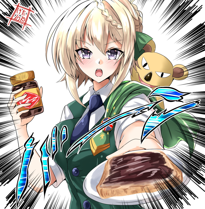 1girl badge blonde_hair blue_neckwear braid braided_bangs braided_bun bread_slice breasts character_request cloak commentary_request dress_shirt emphasis_lines food green_cloak green_vest highres jar kantai_collection kentan_(kingtaiki) koala medium_breasts necktie perth_(kantai_collection) sandwich school_uniform shirt short_hair short_sleeves upper_body vegemite vest white_shirt