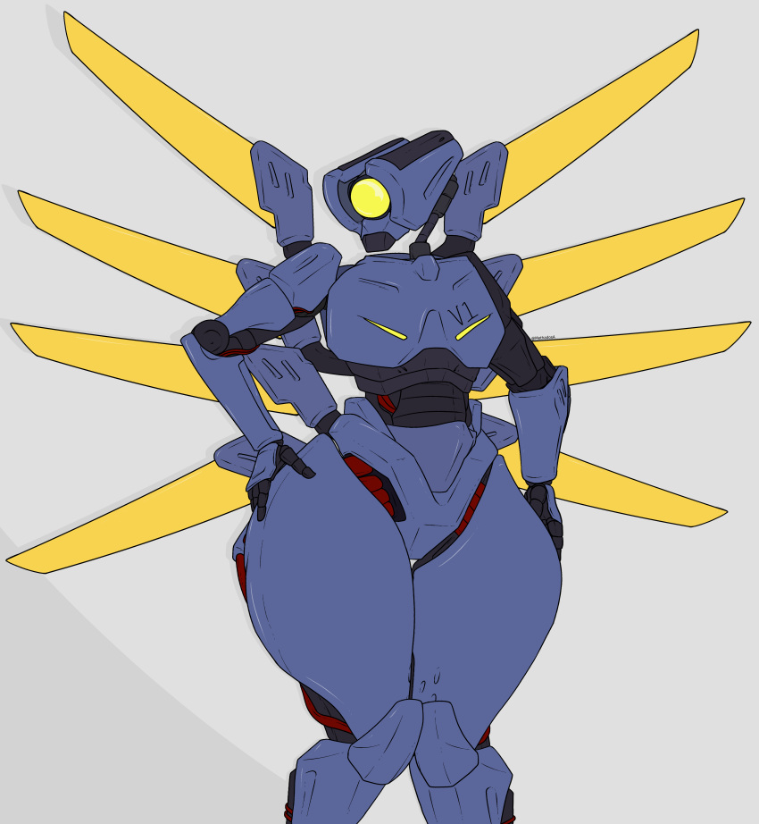 1_eye absurd_res ambiguous_gender blue_body grey_background hi_res humanoid machine methados not_furry nude robot robot_humanoid simple_background solo standing thick_thighs ultrakill v1 v1_(ultrakill) video_games wide_hips wings