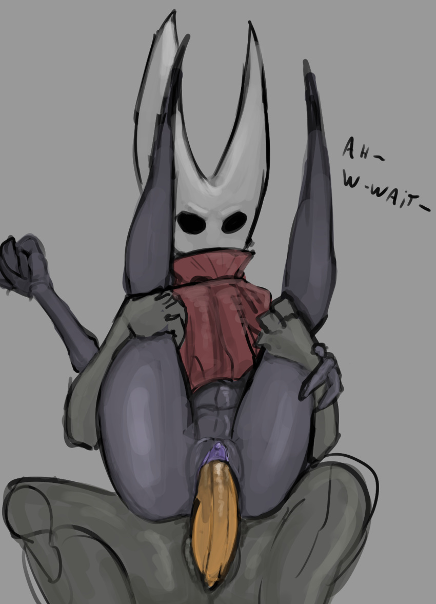 anthro arthropod black_body cloak clothed clothing dialogue female genitals hi_res hollow_knight hornet_(hollow_knight) insect male male/female penetration penis pussy sex solo team_cherry text vaginal vaginal_penetration vessel_(species) video_games yamagah