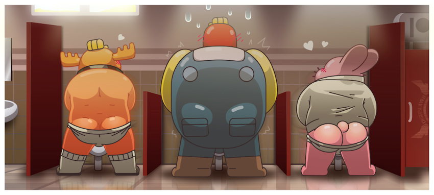 anthro bathroom blush bodily_fluids briefs butt cartoon_network clothing digitslayer embarrassed footwear genital_fluids group lagomorph leporid male mammal overalls patrick_fitzgerald peeing public_restroom rabbit restroom_stall richard_watterson size_difference socks standing the_amazing_world_of_gumball underwear underwear_down urinal urine