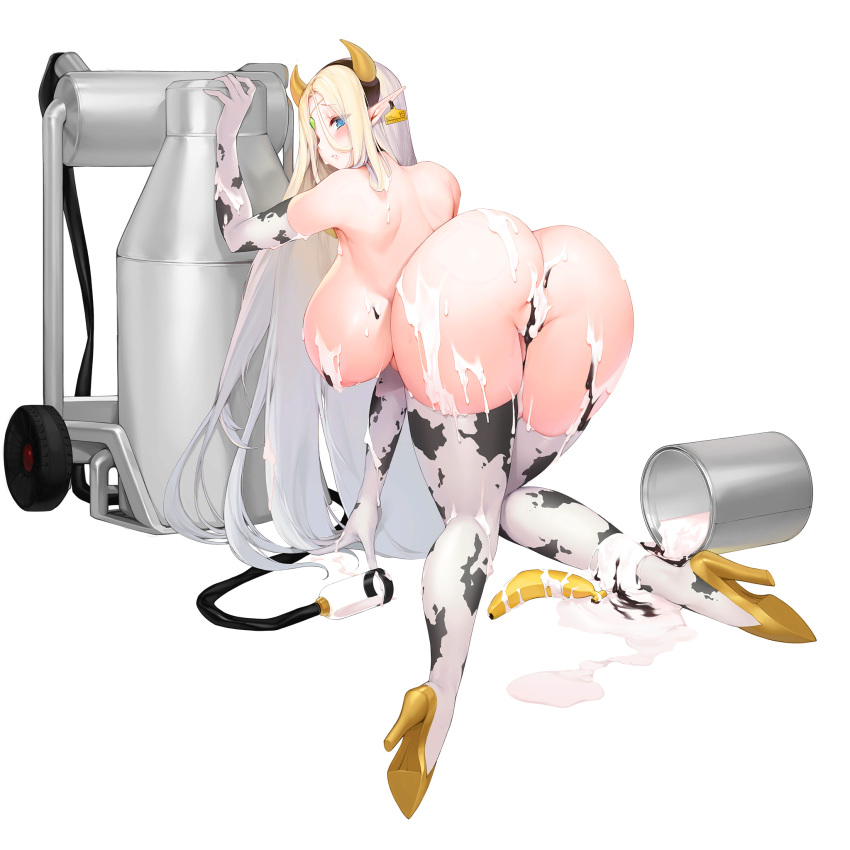 1girl animal_print ass banana blonde_hair blue_eyes boots breasts cerestia_of_life circlet cow_print ear_tag elbow_gloves food from_behind fruit full_body gloves hair_between_eyes highres huge_ass huge_breasts last_origin long_hair long_pointy_ears looking_at_viewer looking_back milk pointy_ears snowball22 spilled_milk tachi-e thigh_boots thighhighs transparent_background very_long_hair