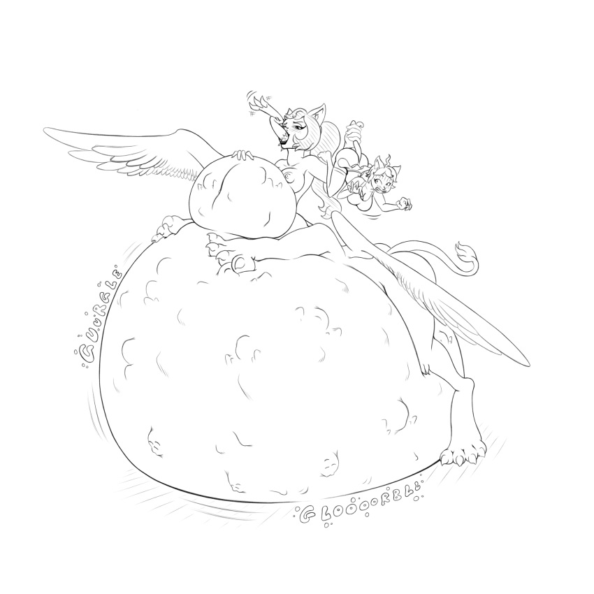 1:1 2020 abdominal_bulge after_vore anthro belly big_belly breasts felid female group hair hi_res hyper hyper_belly mammal monochrome multiple_prey mythological_sphinx mythology oral_vore overweight simple_background taur unknown_artist vore white_background wings