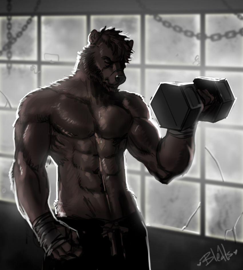 2018 abs anthro beard bicep_curl bleats clothed clothing digital_media_(artwork) dumbbell facial_hair hi_res ignatiy_aleksandrovich_kondratiev male mammal muscular muscular_anthro muscular_male realm_of_earth_defence_force scar solo topless ursid weights white_oyster
