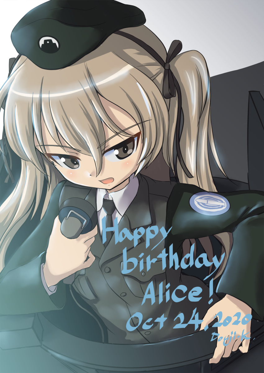 1girl artist_name bangs beret black_headwear black_jacket black_neckwear black_ribbon brown_eyes character_name commentary dated dress_shirt emblem english_text frown girls_und_panzer grey_background hair_ribbon half-closed_eyes happy_birthday hat highres holding jacket japanese_tankery_league_(emblem) kuroneko_douji light_brown_hair long_hair long_sleeves looking_at_viewer military military_hat military_uniform necktie one_side_up open_mouth radio ribbon selection_university_(emblem) selection_university_military_uniform shimada_arisu shirt signature solo tank_cupola uniform white_shirt