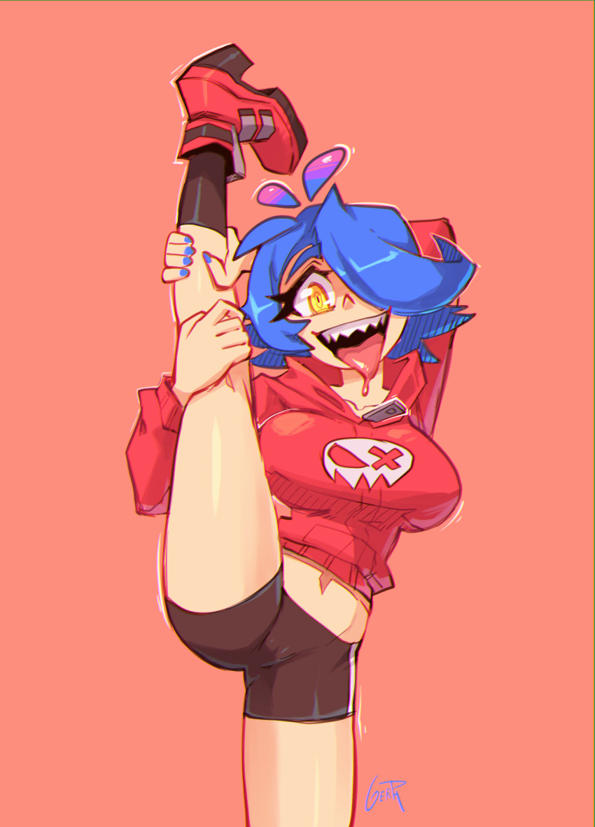 absurdres alien artist_name black_shorts blue_hair blue_nails breasts gerp highres jacket large_breasts leg_up midriff midriff_peek original red_footwear red_jacket sharp_teeth shorts signature skarpne spread_legs teeth tongue tongue_out yellow_eyes