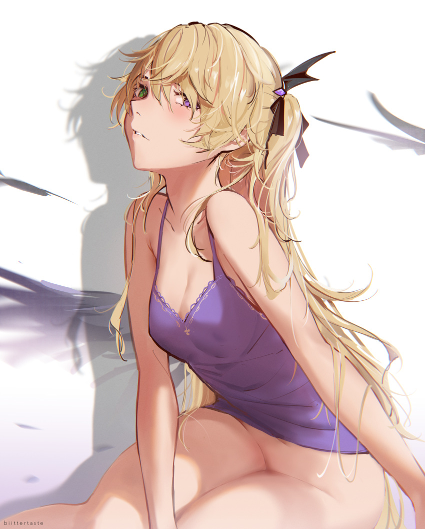 1girl absurdres artist_name bare_shoulders biittertaste black_ribbon blonde_hair blush bottomless breasts cleavage english_commentary fischl_(genshin_impact) genshin_impact green_eyes hair_over_one_eye hair_ribbon heterochromia highres long_hair looking_at_viewer nightgown no_eyepatch purple_eyes ribbon shadow sitting solo thighs underwear underwear_only watermark