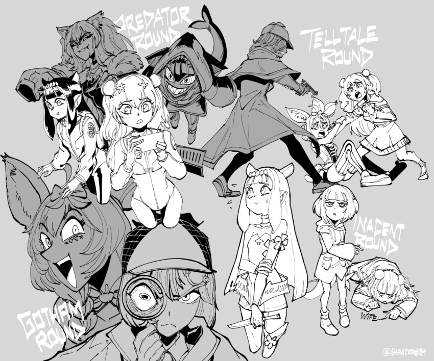 6+girls among_us animal_ears blood braid bun_cover capelet cody's_art deerstalker double_bun dying_message fish_tail fox_ears gawr_gura gloves gun hair_ornament handgun hat hololive hololive_english hood hood_up hoodie knife laughing lion_ears long_hair magnifying_glass momosuzu_nene monochrome monocle_hair_ornament multiple_girls ninomae_ina'nis omaru_polka open_mouth shark_tail sharp_teeth shishiro_botan side_braid spacesuit sweatdrop tail teeth two_side_up watson_amelia weapon x_x