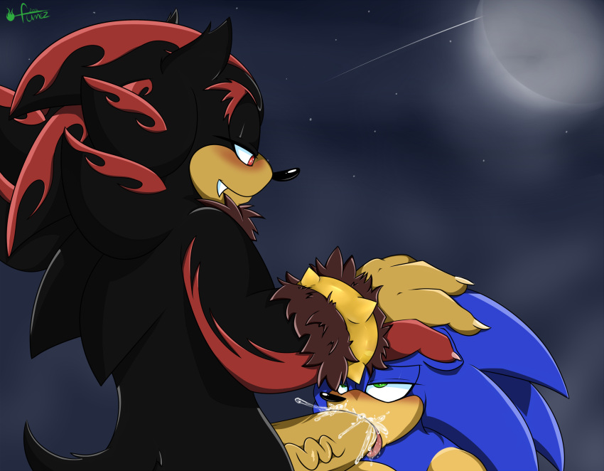 anthro bodily_fluids duo eulipotyphlan flamez genitals hand_on_head hi_res male male/male mammal oral penis saliva shadow_the_hedgehog sonic_the_hedgehog sonic_the_hedgehog_(series) were wereeulipotyphlan werehog
