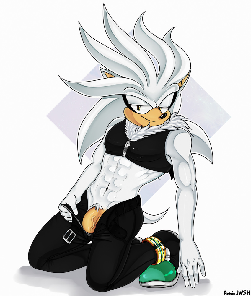 abs anniejwsh anthro bulge genitals half-closed_eyes hi_res looking_at_viewer male narrowed_eyes penis poking_out pubes silver_the_hedgehog solo sonic_the_hedgehog_(series) teasing