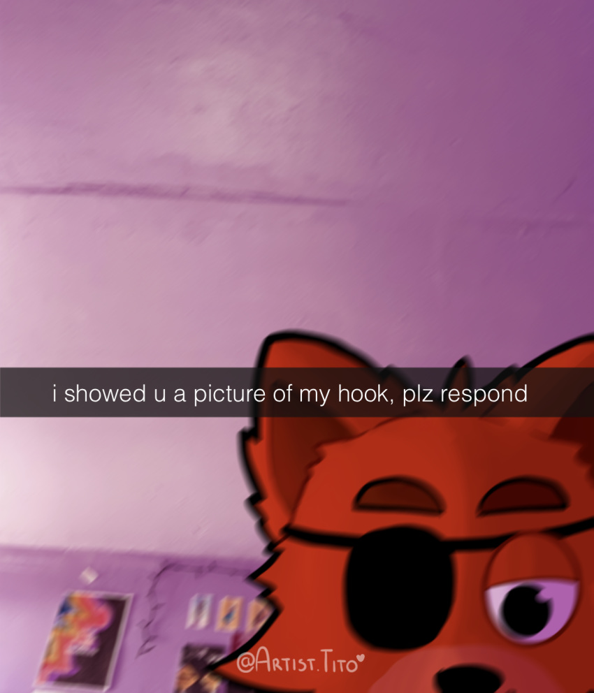&lt;3 2020 anthro artisttito black_eyes camera_view canid canine digital_media_(artwork) english_text eyebrows five_nights_at_freddy's fox foxy_(fnaf) fur hair headgear hi_res humor looking_at_viewer male mammal meme narrowed_eyes photo_background red_body red_fur red_hair snapchat solo standing text video_games