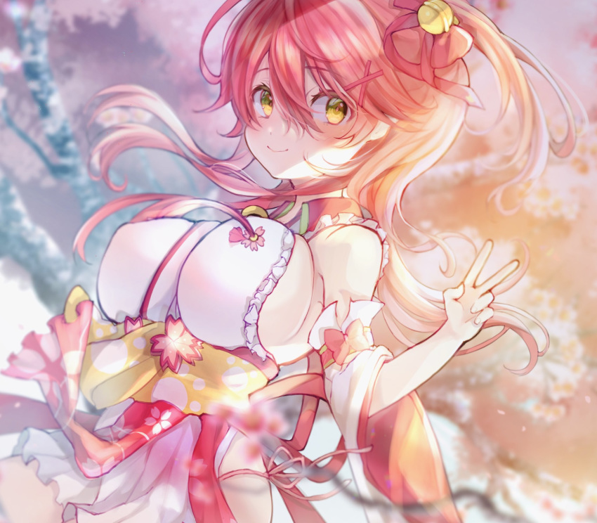 1girl bare_shoulders breasts cherry_blossom_print closed_mouth detached_sleeves eyebrows_visible_through_hair floral_print green_eyes hair_between_eyes hair_ornament hairclip highres hololive large_breasts oimo_0imo paw_print_pattern pink_hair sakura_miko smile solo v virtual_youtuber x_hair_ornament