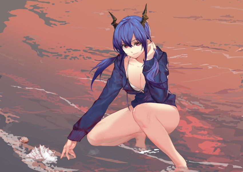 1girl adjusting_hair arknights bangs bare_shoulders bikini blue_hair blue_sweater breasts ch'en_(arknights) cleavage closed_mouth df4d/dongfeng_4d dragon_horns hair_between_eyes highres horns large_breasts low_tied_hair partially_submerged seashell shell squatting sunset sunset_shimmer sweater swimsuit water waves white_bikini