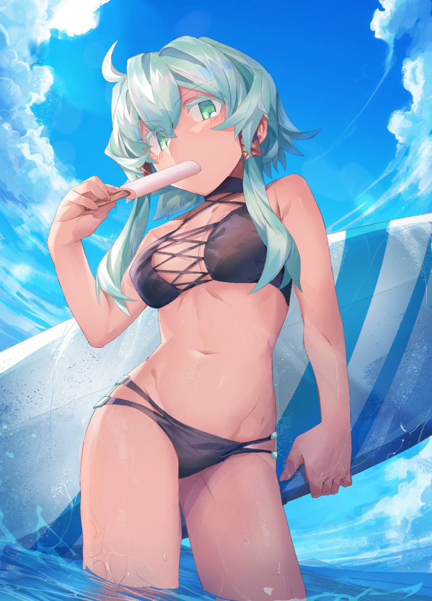 1girl ahoge bare_arms bare_shoulders bikini black_bikini black_choker blue_sky blush breasts choker cloud cloudy_sky contrapposto criss-cross_halter day food green_eyes green_hair hair_tubes halterneck hand_up highres holding holding_surfboard kazuha_(shichigatsu) looking_at_viewer medium_breasts navel ocean original outdoors popsicle shichigatsu sidelocks sky solo standing surfboard swimsuit wading