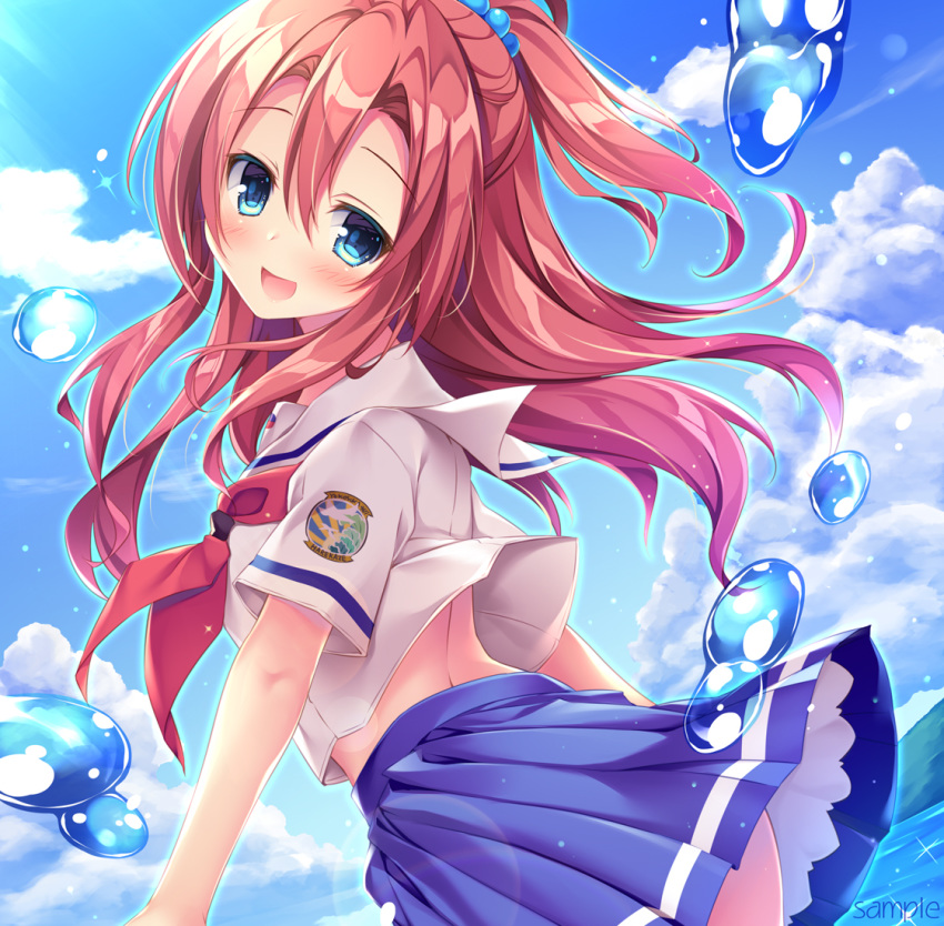 1girl back blue_eyes blue_skirt blush cloud cowboy_shot day from_behind hair_between_eyes hair_bobbles hair_intakes hair_ornament high_school_fleet long_hair looking_back matsunaga_ritsuko nanaroba_hana ocean one_side_up open_mouth outdoors pleated_skirt red_hair school_uniform serafuku short_sleeves sidelocks skirt sky smile solo water_drop white_serafuku yokosuka_girls_marine_high_school_uniform