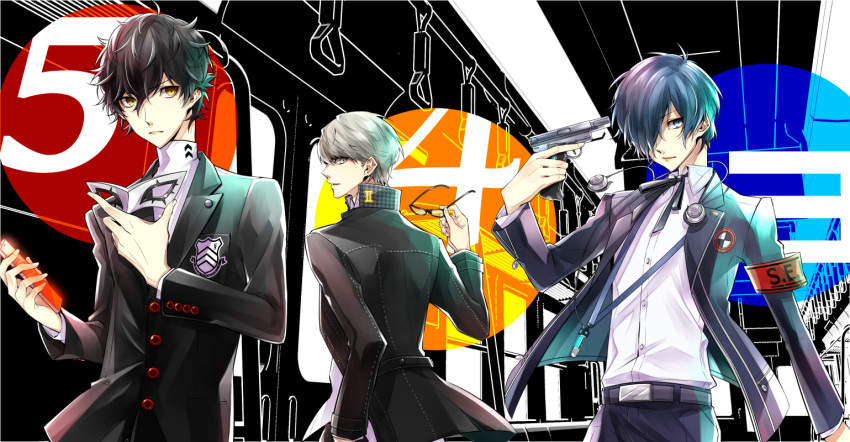 3boys amamiya_ren armband black_hair black_jacket blue_hair cellphone earphones eyebrows_visible_through_hair gekkoukan_high_school_uniform glasses ground_vehicle gun gun_to_head hair_between_eyes hair_over_one_eye handgun holding holding_eyewear holding_gun holding_mask holding_phone holding_weapon jacket long_sleeves male_focus mask multiple_boys narukami_yuu parted_lips persona persona_3 persona_4 persona_5 phone school_uniform shuujin_academy_uniform smartphone train weapon yasogami_school_uniform yellow_eyes yuu_(isis7796) yuuki_makoto