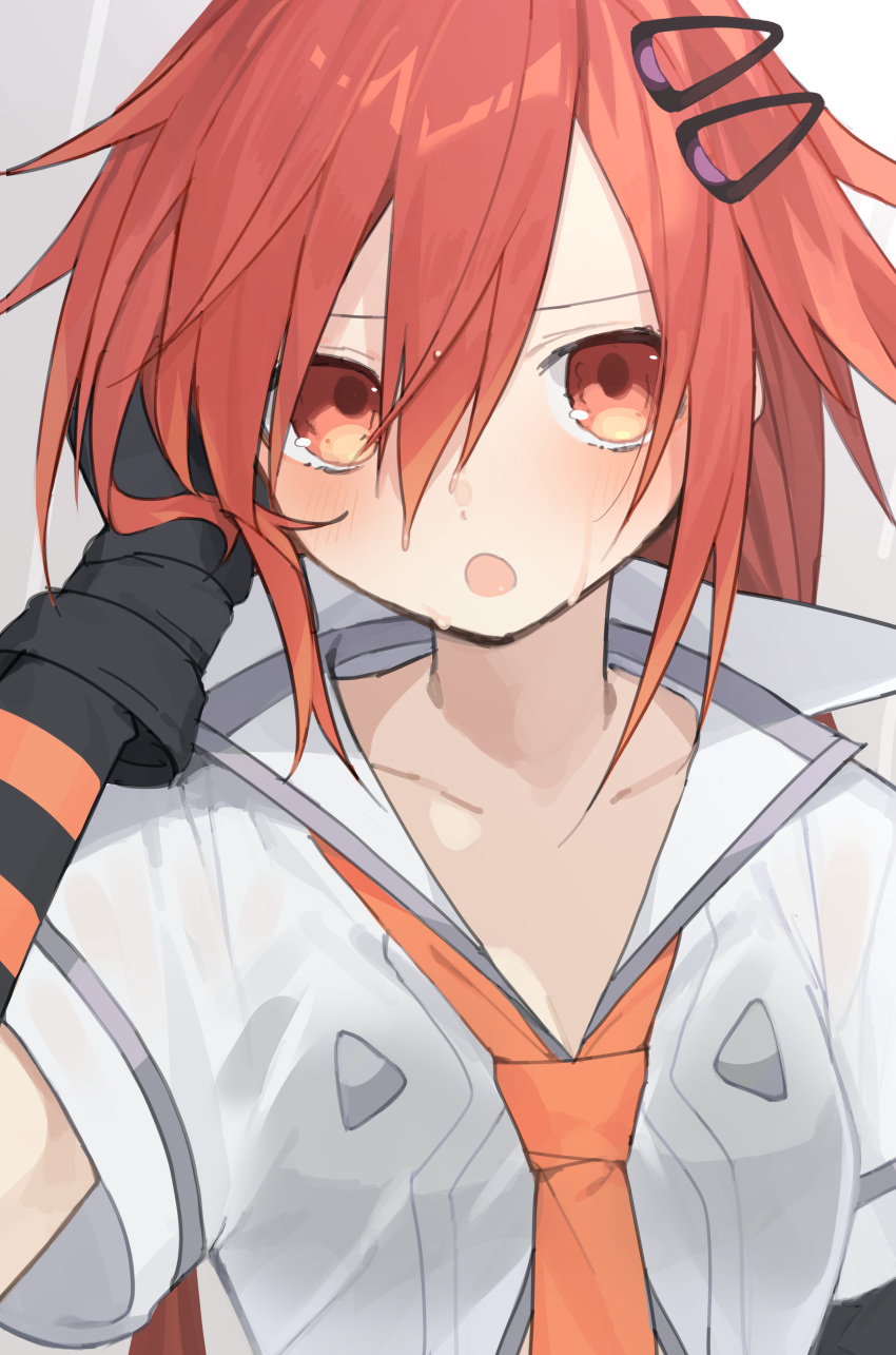 1girl absurdres arm_behind_head black_gloves blush breasts buran_buta cleavage gloves hair_between_eyes hair_ornament hairclip hand_up highres long_hair looking_at_viewer necktie neptune_(series) open_mouth orange_eyes orange_neckwear red_hair shin_jigen_game_neptune_vii shirt solo tennouboshi_uzume upper_body wet wet_hair white_shirt