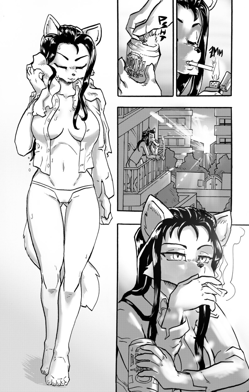 after_shower alcohol anthro beer beverage beverage_can breasts canid canine cigarette clothed clothing comic daigaijin female fox fur furryfight_chronicles hair hi_res kalita_(furryfight_chronicles) mammal monochrome navel open_clothing open_shirt open_topwear panties shirt smoking solo sunrise topwear underwear wet