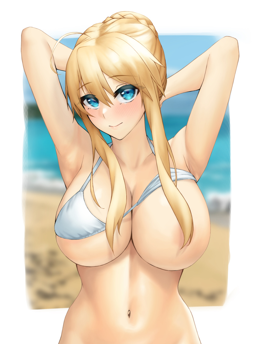 1girl armpits arms_behind_head arms_up artist_request artoria_pendragon_(all) artoria_pendragon_(lancer) bangs bare_shoulders bikini bikini_lift blue_eyes blush braid breasts cleavage collarbone convenient_censoring fate/grand_order fate_(series) french_braid hair_between_eyes highres large_breasts long_hair looking_at_viewer navel one_breast_out sidelocks smile swimsuit white_bikini
