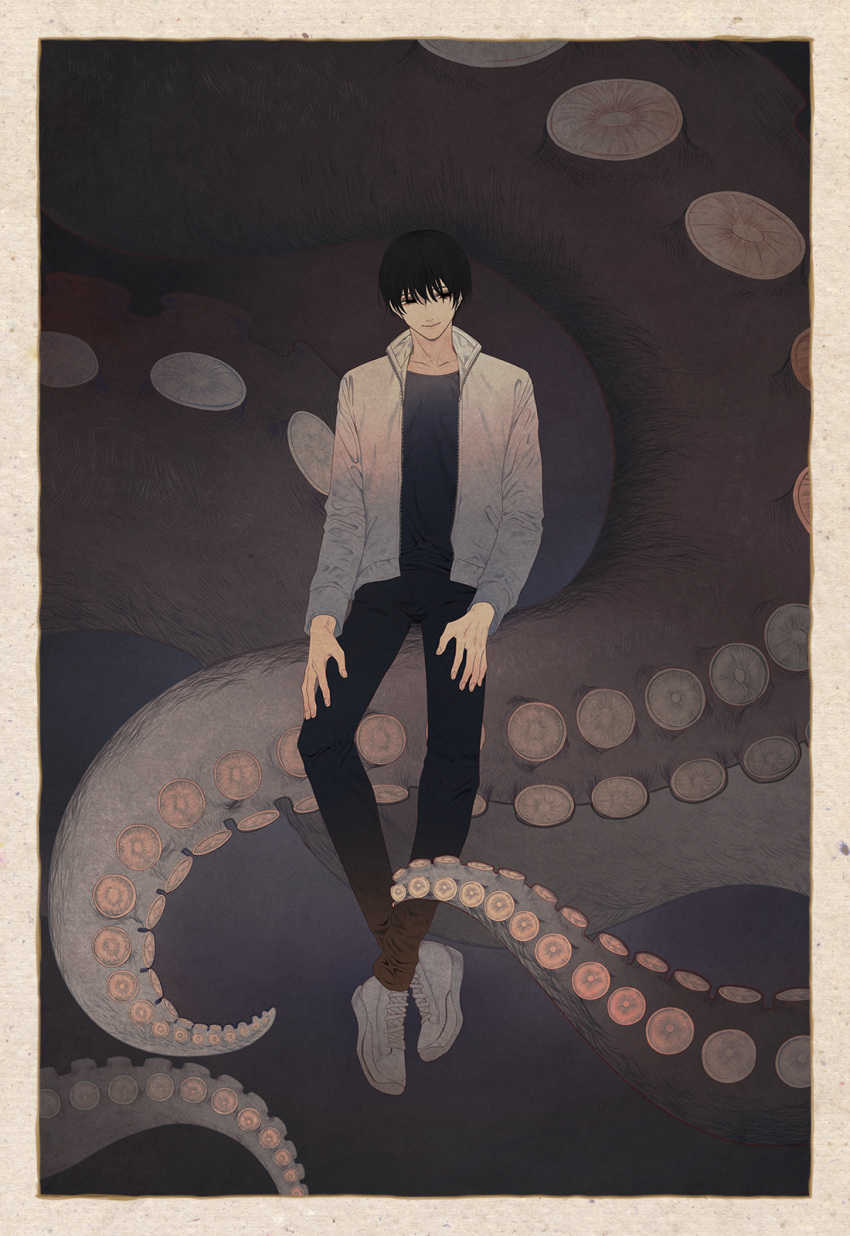 1boy black_eyes black_hair chainsaw_man character_request closed_mouth collarbone earrings fingernails frame fucodoku grey_footwear grey_jacket hatching_(texture) highres jacket jewelry male_focus mole mole_under_mouth open_clothes open_jacket shoes sneakers solo standing tentacles zipper