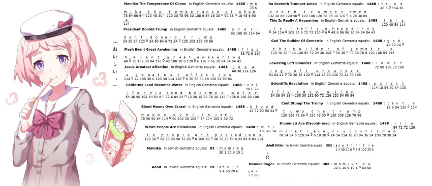 1girl 4chan adolf_hitler donald_trump food gematrix highres kirameki_mamika magical_girl nazi numerologie occult pink_hair pocky purple_eyes re:creators