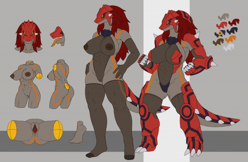 anthro armor breasts claws female genitals grey_body groudon hair legendary_pok&eacute;mon link2004 model_sheet muscular muscular_anthro muscular_female nintendo nipples open_mouth open_smile pok&eacute;mon pok&eacute;mon_(species) pussy red_hair simple_background smile solo tongue tongue_out video_games yellow_eyes