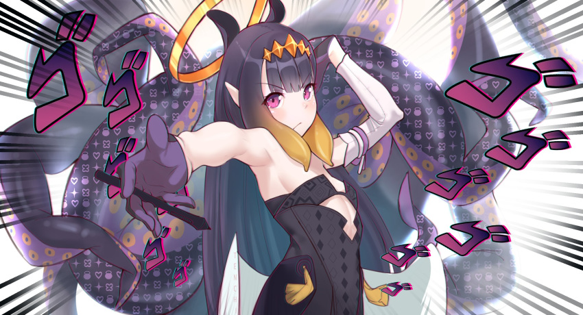 1girl black_dress black_hair detached_sleeves dress flat_chest gloves halo highres hololive hololive_english jojo_no_kimyou_na_bouken jojo_pose looking_at_viewer menacing_(jojo) multicolored_hair ninomae_ina'nis no_mole orange_hair pointy_ears pose solo strapless strapless_dress stylus tenchi_mayo tentacles tiara