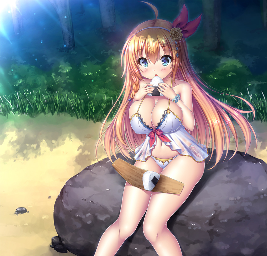 1girl ahoge babydoll bikini bikini_bottom blue_eyes blush breasts cleavage eating eyes_visible_through_hair food hair_between_eyes hair_ornament hairband large_breasts long_hair looking_at_viewer navel onigiri orange_hair outdoors pecorine_(princess_connect!) princess_connect! princess_connect!_re:dive see-through sitting solo swimsuit takeponi white_bikini