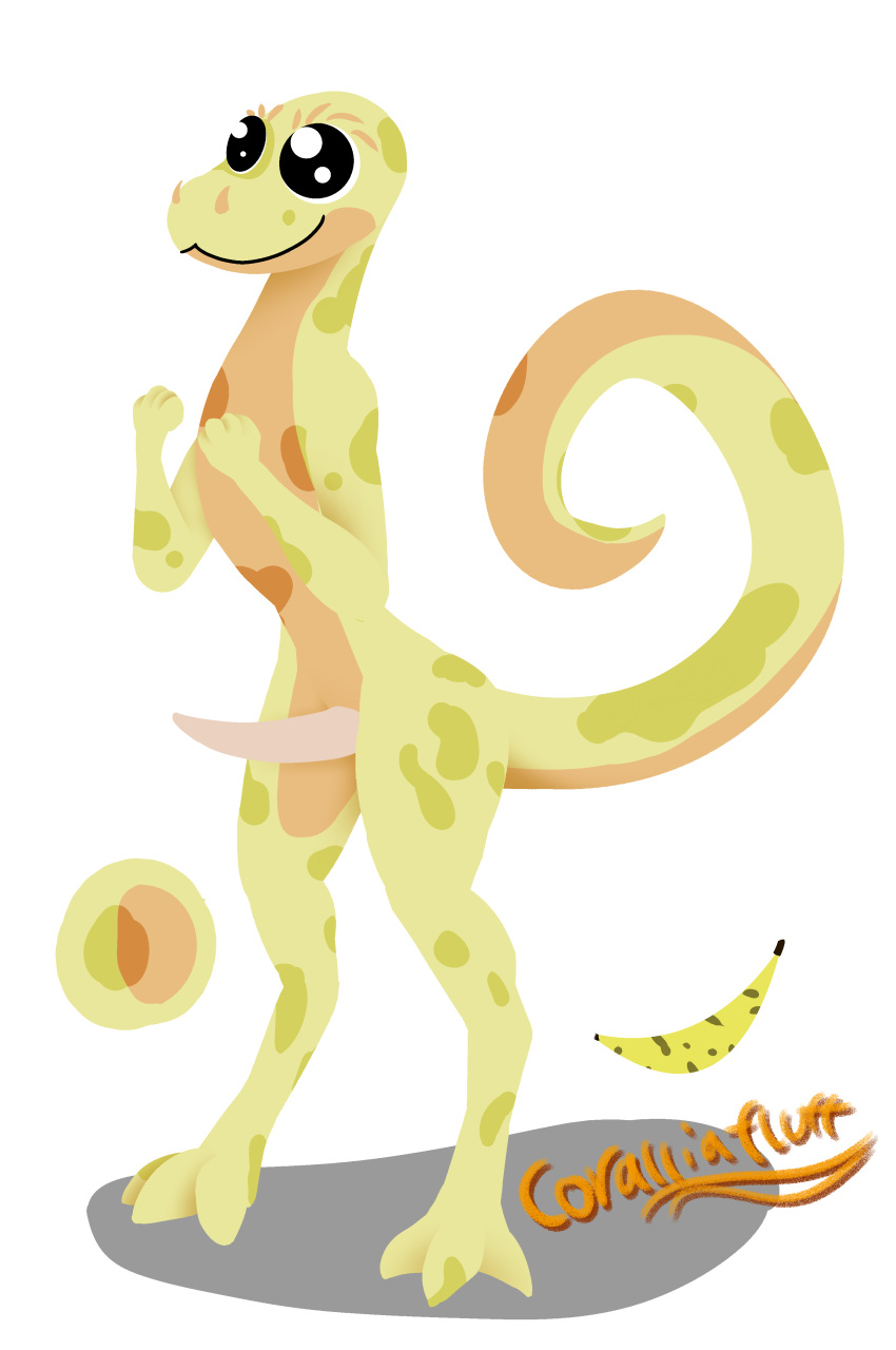 absurd_res anthro banana big_eyes coralliafluff_(artist) curled_tail excited food fruit gidi happy hi_res male oblivious plant reptile scalie slim small_hands smile snake solo