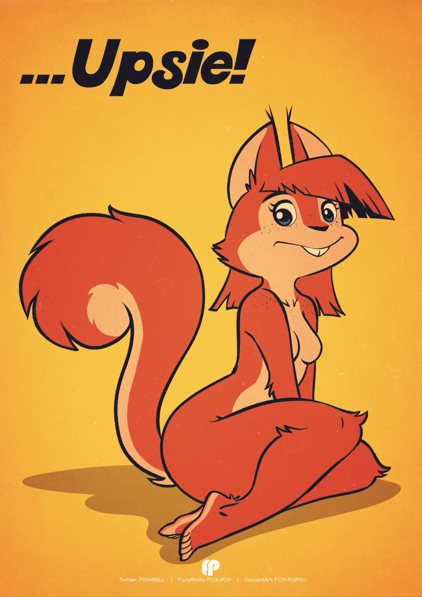 5_toes absurd_res anthro breasts buckteeth english_text featureless_breasts female fluffy fluffy_tail fox-pop fur hi_res looking_at_viewer mammal nude orange_body orange_fur rodent sciurid sitting solo teeth text thick_thighs toes tree_squirrel