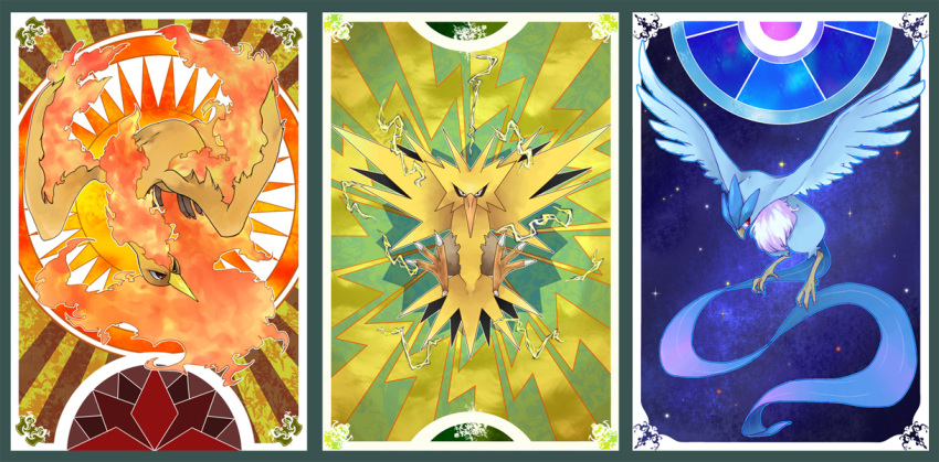 articuno ayumu3 beak border commentary_request electricity feathered_wings fire gen_1_pokemon green_border legendary_pokemon looking_at_viewer moltres no_humans pokemon pokemon_(creature) talons wings zapdos