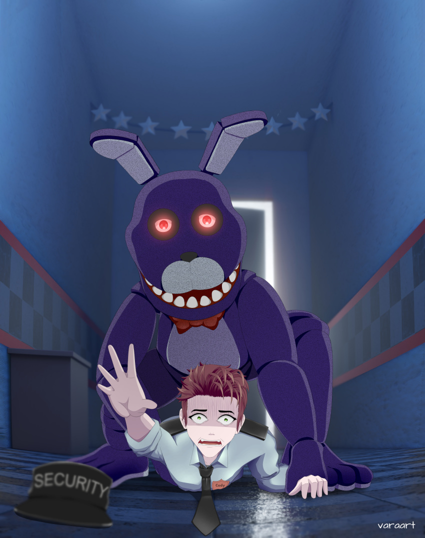 absurd_res all_fours animatronic anime anthro ass_up bonnie_(fnaf) captured clothing cody_nightguard doggystyle duo escape five_nights_at_freddy's from_behind_position green_eyes hair halloween hi_res holidays human human_on_anthro humanoid iamshadxw interspecies lagomorph leporid machine male male/male mammal nightguard rabbit red_eyes robot scared scary sex spiky_hair trapped uniform varaart video_games