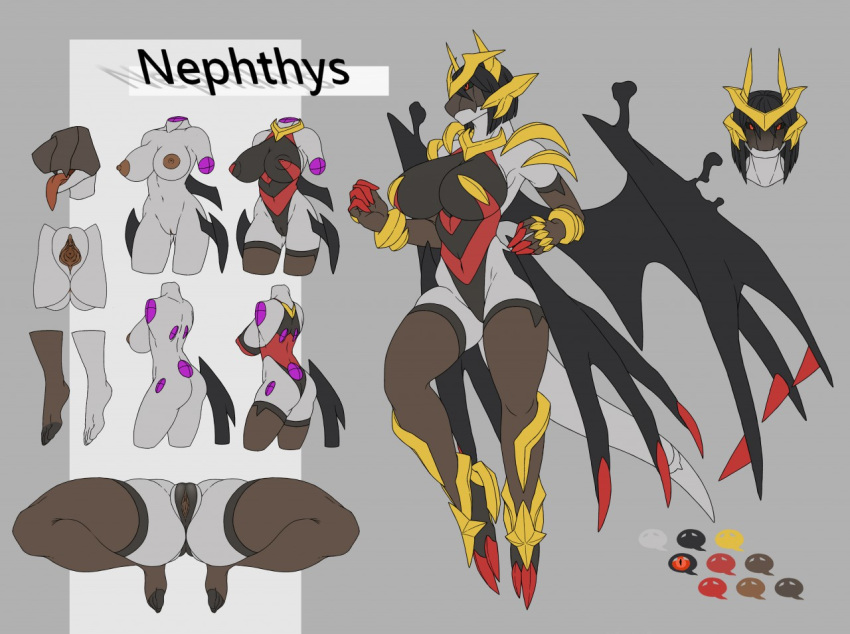 anthro black_body black_hair breasts butt claws clothed clothing female genitals giratina grey_body hair legendary_pok&eacute;mon link2004 multicolored_body nintendo nipples open_mouth partially_clothed pok&eacute;mon pok&eacute;mon_(species) pussy red_body red_eyes simple_background solo tongue tongue_out video_games wings