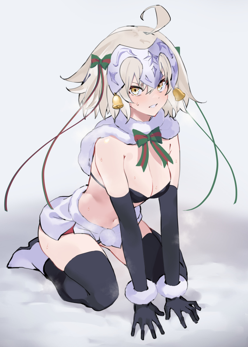 1girl absurdres bare_shoulders bell black_bra black_gloves black_legwear boots bow bra breasts capelet cleavage cosplay elbow_gloves fate/grand_order fate_(series) fur-trimmed_capelet fur-trimmed_gloves fur_trim gloves green_ribbon grey_hair headpiece highres jeanne_d'arc_(alter)_(fate) jeanne_d'arc_(fate)_(all) jeanne_d'arc_alter_santa_lily jeanne_d'arc_alter_santa_lily_(cosplay) jikatarou kneeling large_breasts multicolored multicolored_bow multicolored_ribbon ribbon short_hair solo striped striped_bow striped_ribbon sweatdrop thighhighs undersized_clothes underwear white_capelet white_footwear yellow_eyes