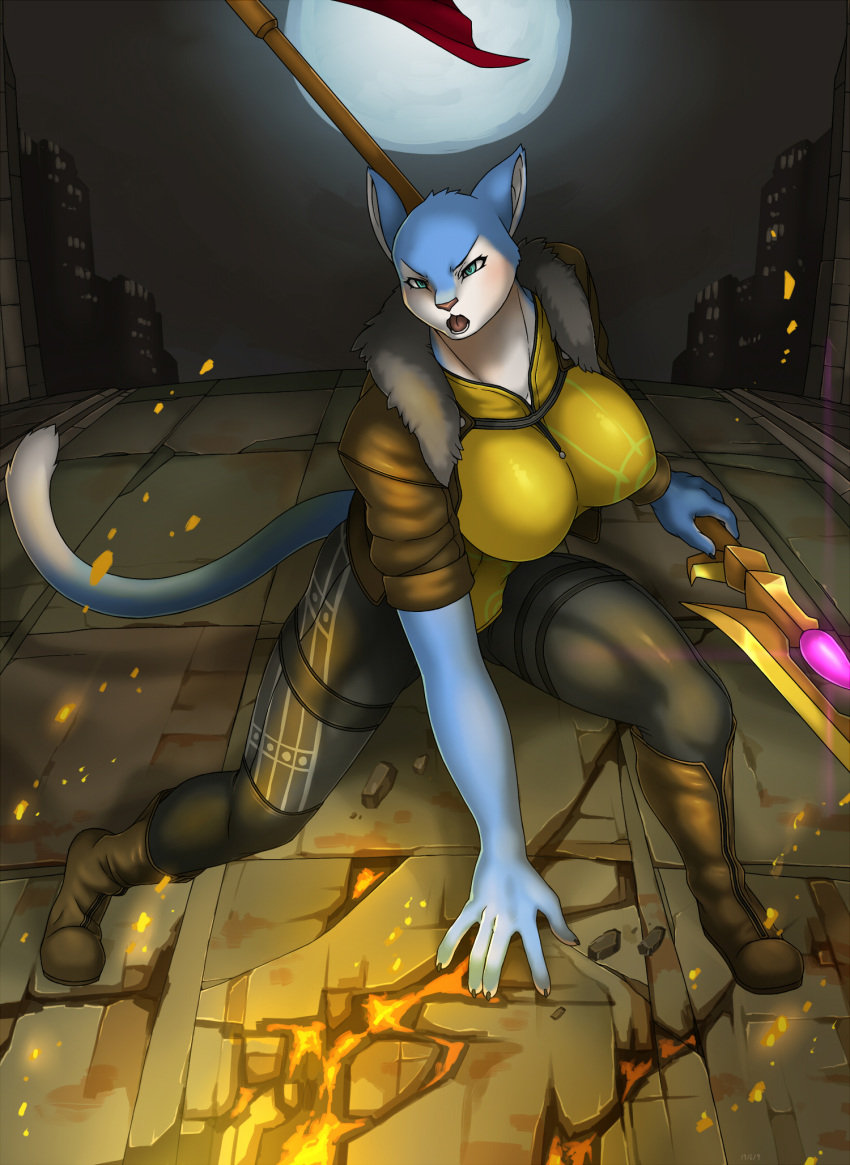 anthro big_breasts breasts city clothing domestic_cat felid feline felis female fire fur hi_res link2004 mammal melee_weapon open_mouth outside polearm scythe solo standing weapon