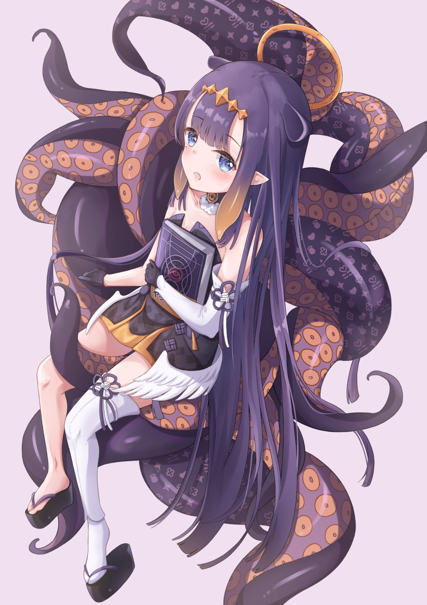 1girl :o absurdres bangs bare_shoulders black_gloves blue_eyes blunt_bangs book collarbone detached_sleeves dress facing_to_the_side flip-flops gloves halo headgear highres holding holding_book hololive hololive_english long_hair looking_at_viewer mole mole_under_eye nayuuchan ninomae_ina'nis pointy_ears purple_hair sandals simple_background single_detached_sleeve single_thighhigh sitting solo tentacles thighhighs virtual_youtuber white_legwear