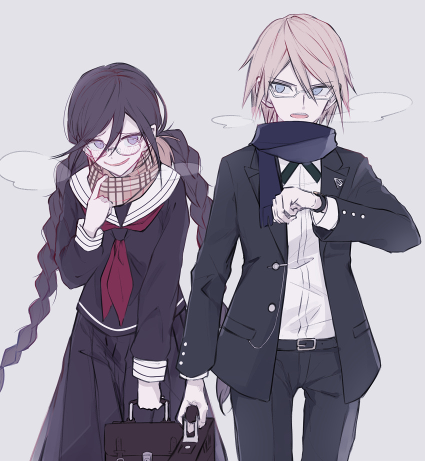 1girl bag bangs belt black_belt black_hair black_jacket black_pants black_shirt black_skirt blue_eyes blush braid breath brown_scarf commentary_request danganronpa danganronpa_1 fukawa_touko glasses hair_between_eyes hand_up highres holding holding_bag iumi_urura jacket long_hair long_skirt mole mole_under_mouth open_mouth pants plaid plaid_scarf pleated_skirt purple_scarf round_eyewear sailor_collar scarf school_bag school_uniform serafuku shirt short_hair skirt smile togami_byakuya twin_braids upper_teeth watch white_shirt wristwatch