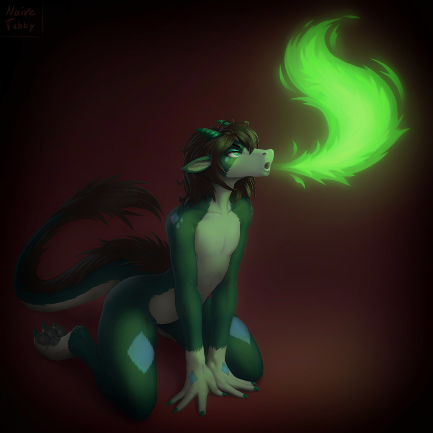 1:1 absurd_res anthro breath_powers colored_fire dragon elemental_manipulation fire fire_breathing fire_manipulation fur green_body green_fire green_fur hi_res male naive_tabby simple_background sitting solo