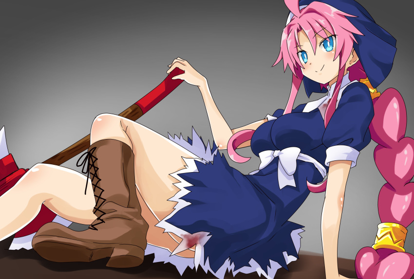 1girl absurdres ahoge alternate_costume axe blue_eyes braid breasts disgaea halloween_costume highres iwashi_dorobou_-r- long_hair looking_at_viewer makai_senki_disgaea_4 medium_breasts pink_hair sidelocks smile solo vulcanus_(disgaea_4)