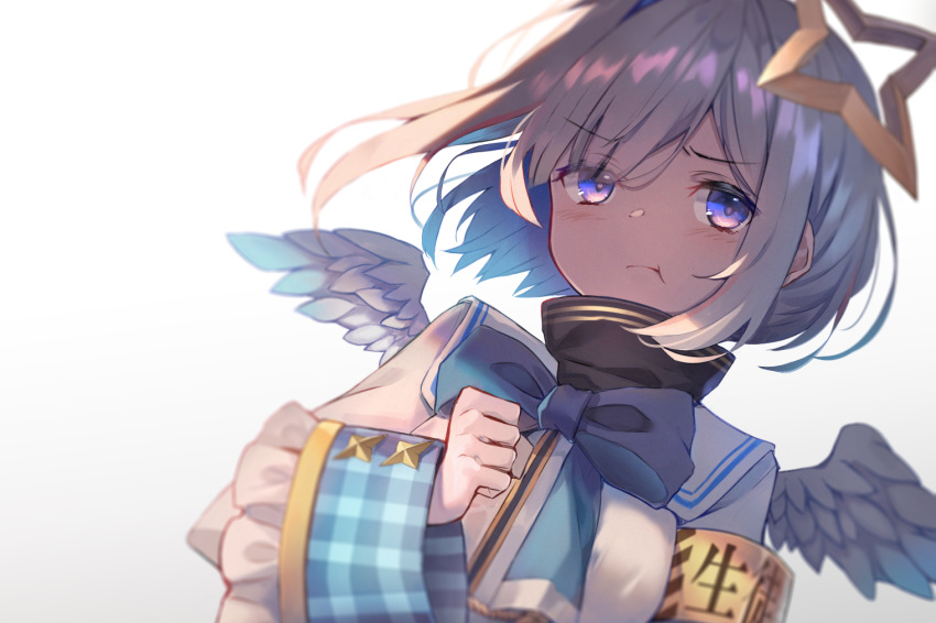 1girl amane_kanata angel_wings armband bow bowtie collar cuffs eyebrows_visible_through_hair feathered_wings halo hololive hopepe pout purple_eyes sailor_collar school_uniform short_hair silver_hair sleeve_cuffs solo upper_body virtual_youtuber wings