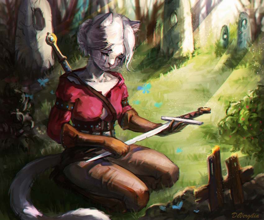 2020 alternate_species anthro bodily_fluids bottomwear breasts ciri clothing devergilia domestic_cat eyes_closed felid feline felis female flower fur gloves grass hair handwear holding_object holding_sword holding_weapon mammal melee_weapon outside pants plant rock sad shirt short_hair sitting solo sword tears the_witcher topwear weapon white_body white_fur white_hair