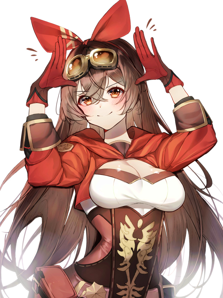 &gt;:) /\/\/\ 1girl absurdres amber_(genshin_impact) arms_up bangs belt blush breasts brown_hair bunny_pose cleavage closed_mouth commentary_request corset eyebrows_visible_through_hair genshin_impact gloves goggles goggles_on_head hair_between_eyes hair_ribbon highres long_hair long_sleeves looking_at_viewer medium_breasts orange_eyes pouch red_gloves red_ribbon ribbon shrug_(clothing) smile smug solo straight_hair tia_(tia_1207) upper_body very_long_hair