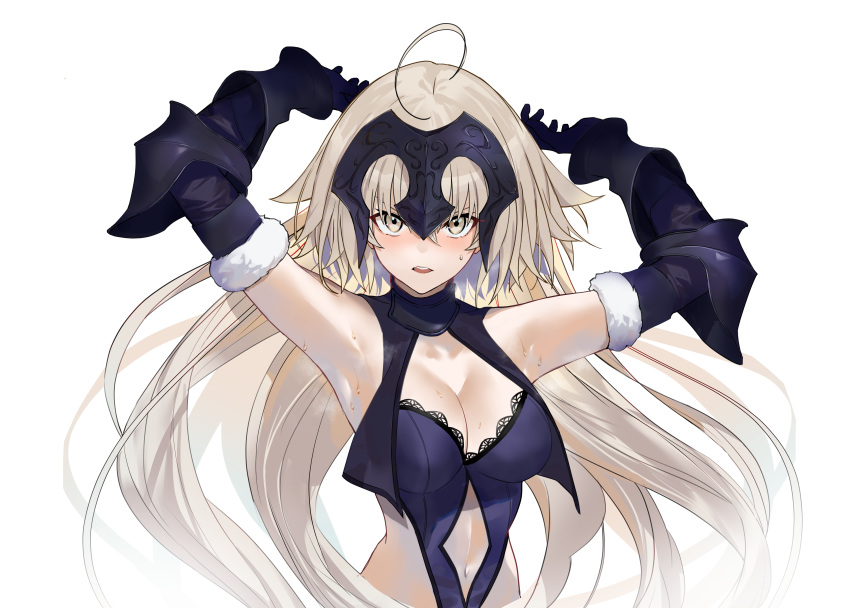 1girl absurdres ahoge armpits arms_up bangs black_dress black_gloves blush breasts cleavage dress elbow_gloves fate/grand_order fate_(series) fur_trim gauntlets gloves headpiece highres jeanne_d'arc_(alter)_(fate) jeanne_d'arc_(fate)_(all) jikatarou long_hair looking_at_viewer navel open_mouth platinum_blonde_hair revealing_clothes simple_background solo sweatdrop upper_body white_background yellow_eyes