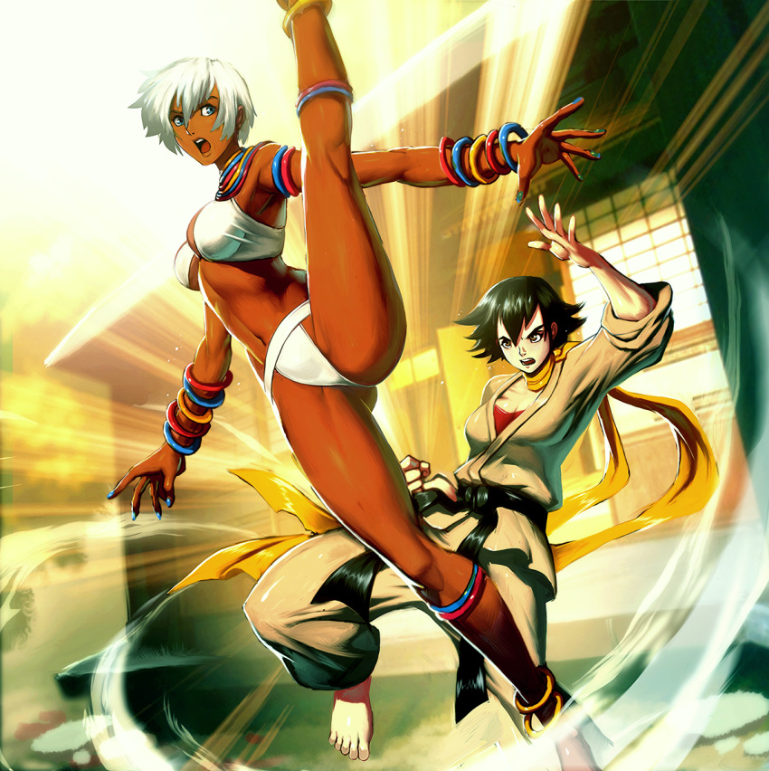 2girls abs anklet barefoot belt bikini bikini_top black_belt black_hair blue_eyes blue_nails bra bracelet breasts cleavage collarbone commentary_request dark_skin day dojo dougi elena_(street_fighter) emphasis_lines english_commentary fighting_stance flexible genzoman hair_between_eyes highres jewelry kicking long_sleeves looking_at_another looking_back makoto_(street_fighter) medium_breasts midriff mixed-language_commentary multiple_girls nail_polish neck_ring open_mouth outdoors red_bra scarf short_hair split sports_bra standing standing_on_one_leg standing_split street_fighter sunlight sweat swimsuit tomboy underboob underwear white_hair yellow_scarf