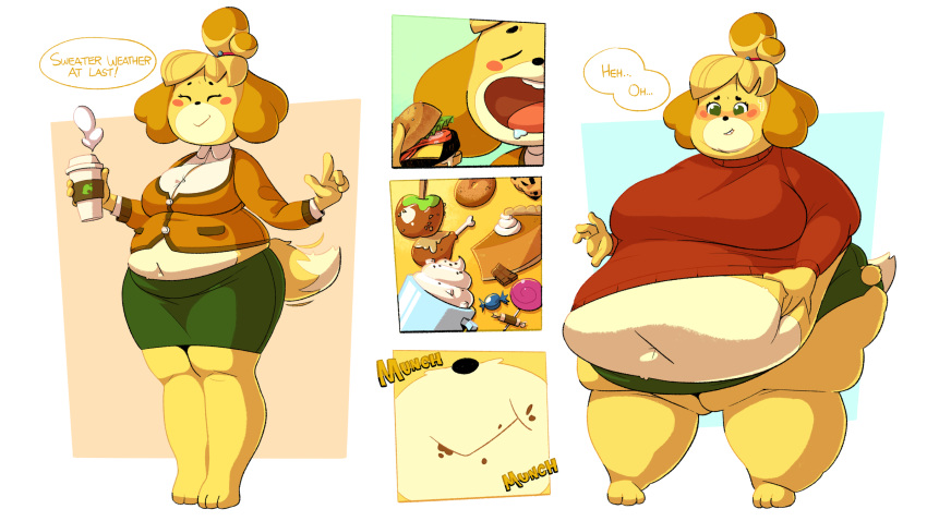 4_fingers animal_crossing anthro belly big_belly big_breasts black_nose blonde_hair blush bodily_fluids breasts canid canine canis clothed clothing crumbs domestic_dog drooling eating english_text eyes_closed female fingers food fur geodudeman124 green_eyes hair hi_res isabelle_(animal_crossing) mammal nintendo obese obese_anthro obese_female open_mouth overweight overweight_anthro overweight_female saliva shih_tzu simple_background smile text toy_dog video_games weight_gain yellow_body yellow_fur yellow_tail