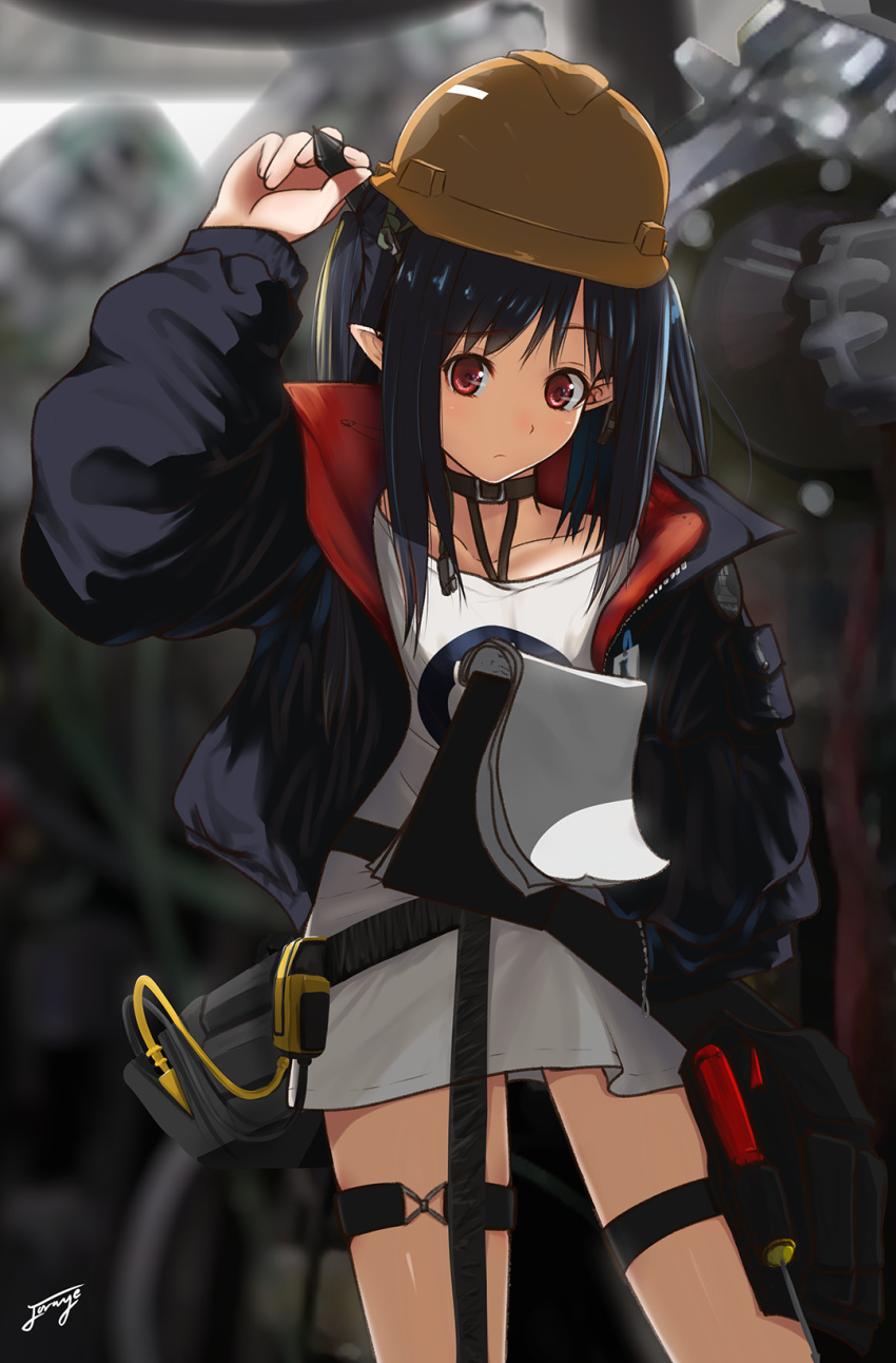 1girl arknights artist_name bangs black_choker black_hair black_jacket blurry blurry_background breasts choker closed_mouth closure_(arknights) collarbone cowboy_shot english_commentary expressionless eyebrows_visible_through_hair hair_between_eyes hardhat helmet highres holding holding_marker holding_paper id_card j_orange jacket lanyard long_hair long_sleeves looking_at_viewer marker open_clothes open_jacket paper pointy_ears red_eyes science shirt signature solo thigh_strap tool_belt white_shirt