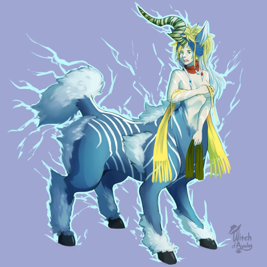 1:1 2020 alternate_species blonde_hair blue_body breasts centaur covering covering_breasts equid equid_taur female final_fantasy final_fantasy_x fusion green_eyes hair hi_res hooves horn ixion mammal mammal_taur mostly_nude navel open_mouth rikku_(final_fantasy) scarf scarf_only simple_background solo square_enix standing surprise taur video_games witchofavalon
